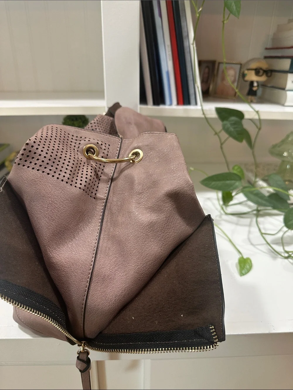 Perforated Mauve Leather Hobo Bag with Front Slip Pockets